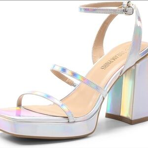 DREAM PAIRS Women's Platform Strappy OpenToe Heels Y2K Metallic Silver 8.5